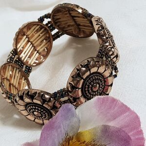 Bronze Copper Tone Boho Flower Bracelet Retro Cuff Floral Seed Bead Multicolor